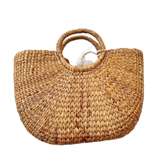 JADEtribe Aloha Woven Basket Bag with White Tassel and Pom Poms NWT - Picture 3 of 10